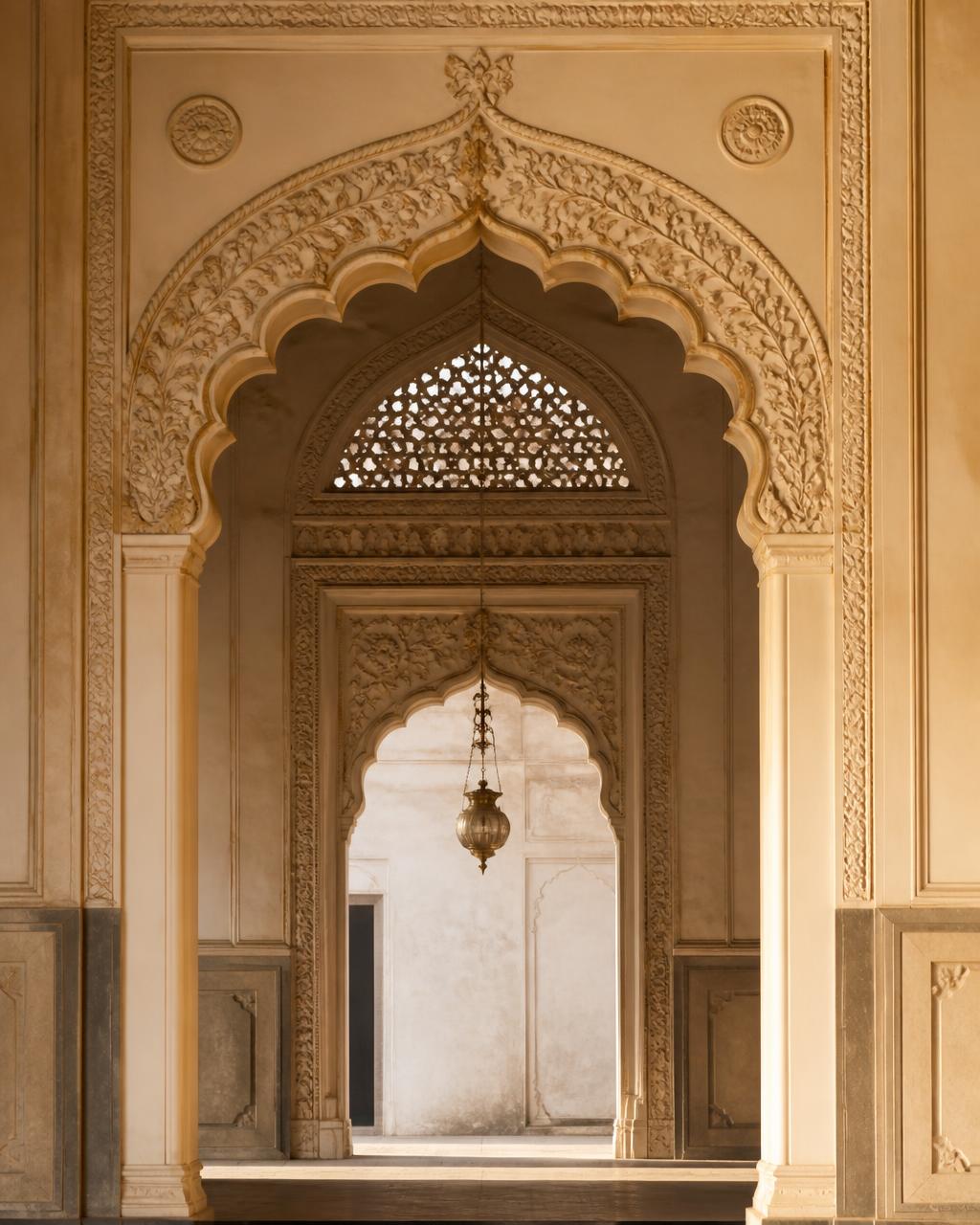 Carved Awadhi arch with lattice screen inside a Lucknow palace